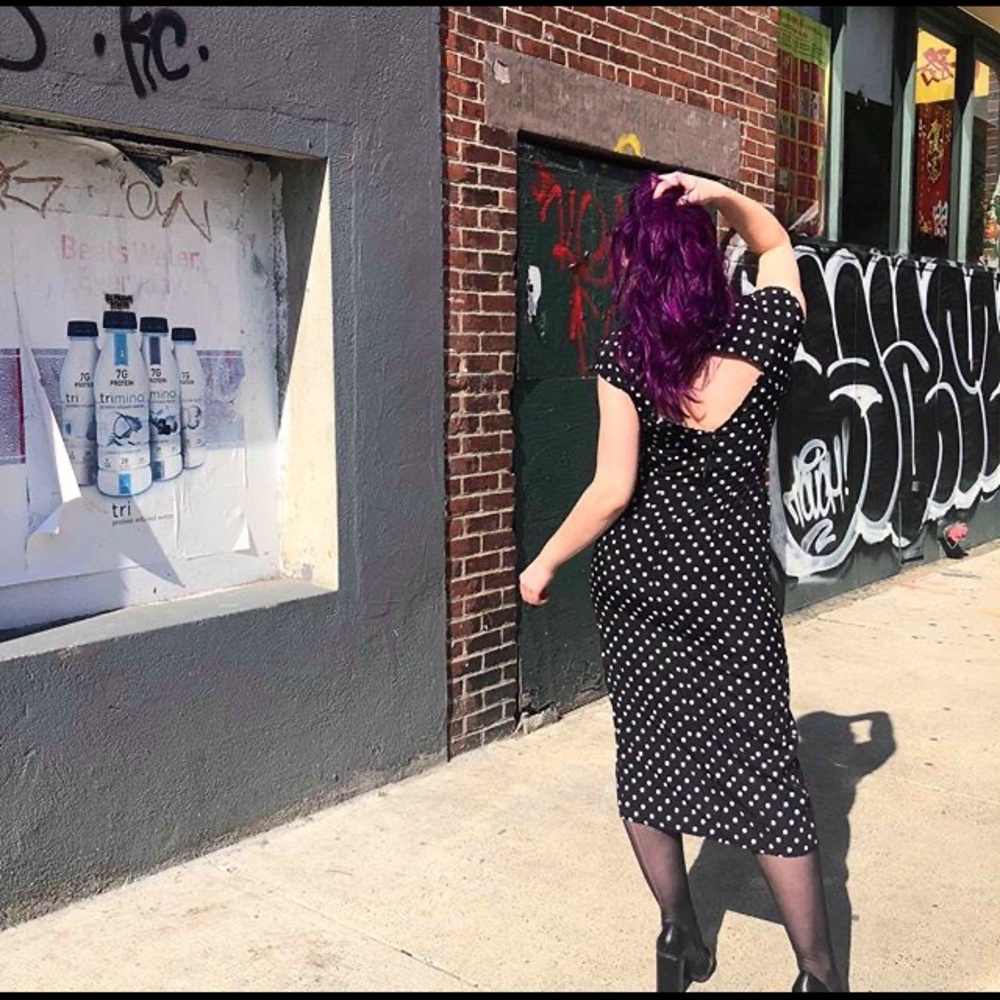 Vintage Polka Dot Dress w Slit and Open Back